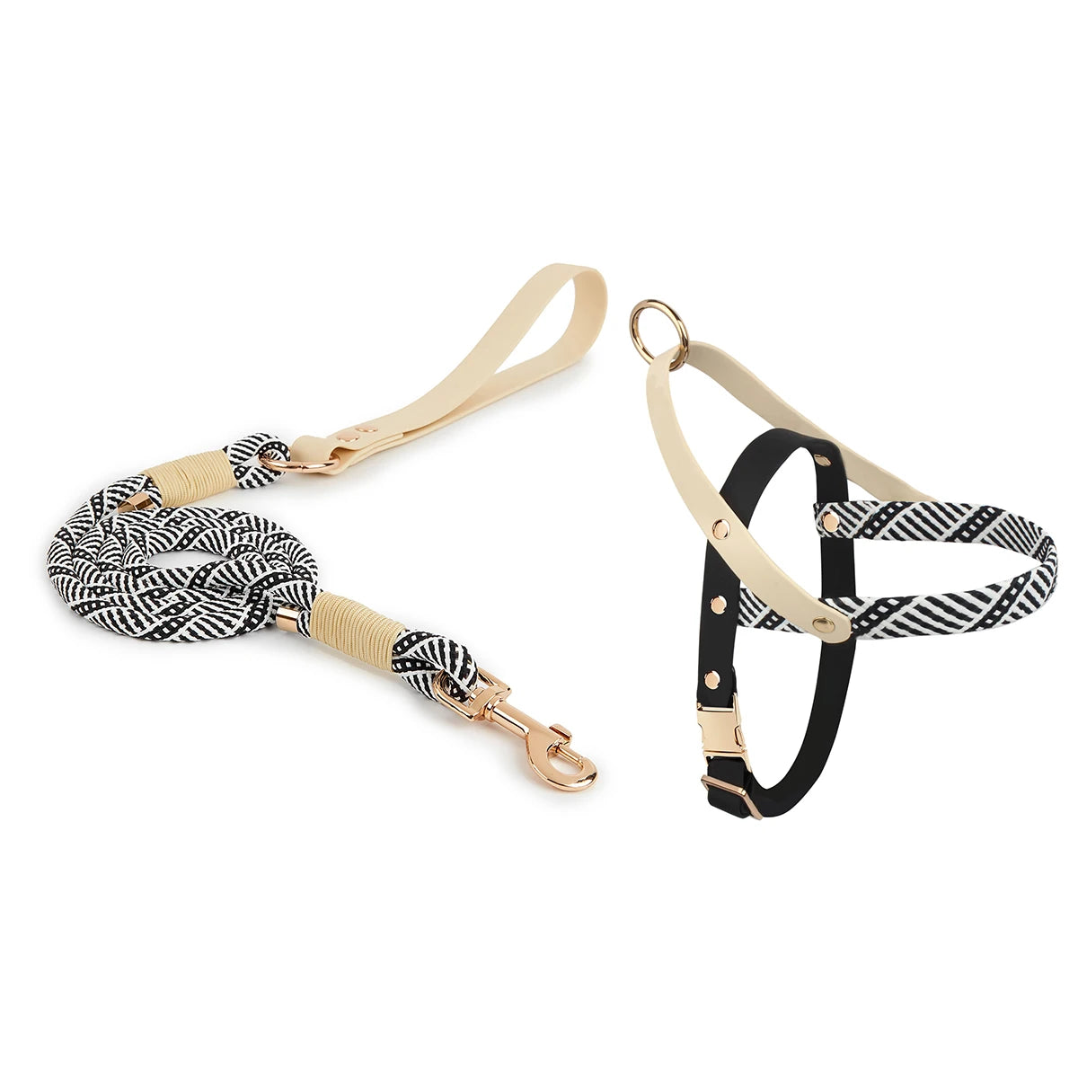 Fashionable Black & White Striped Chest Harnesses and Leashes Set