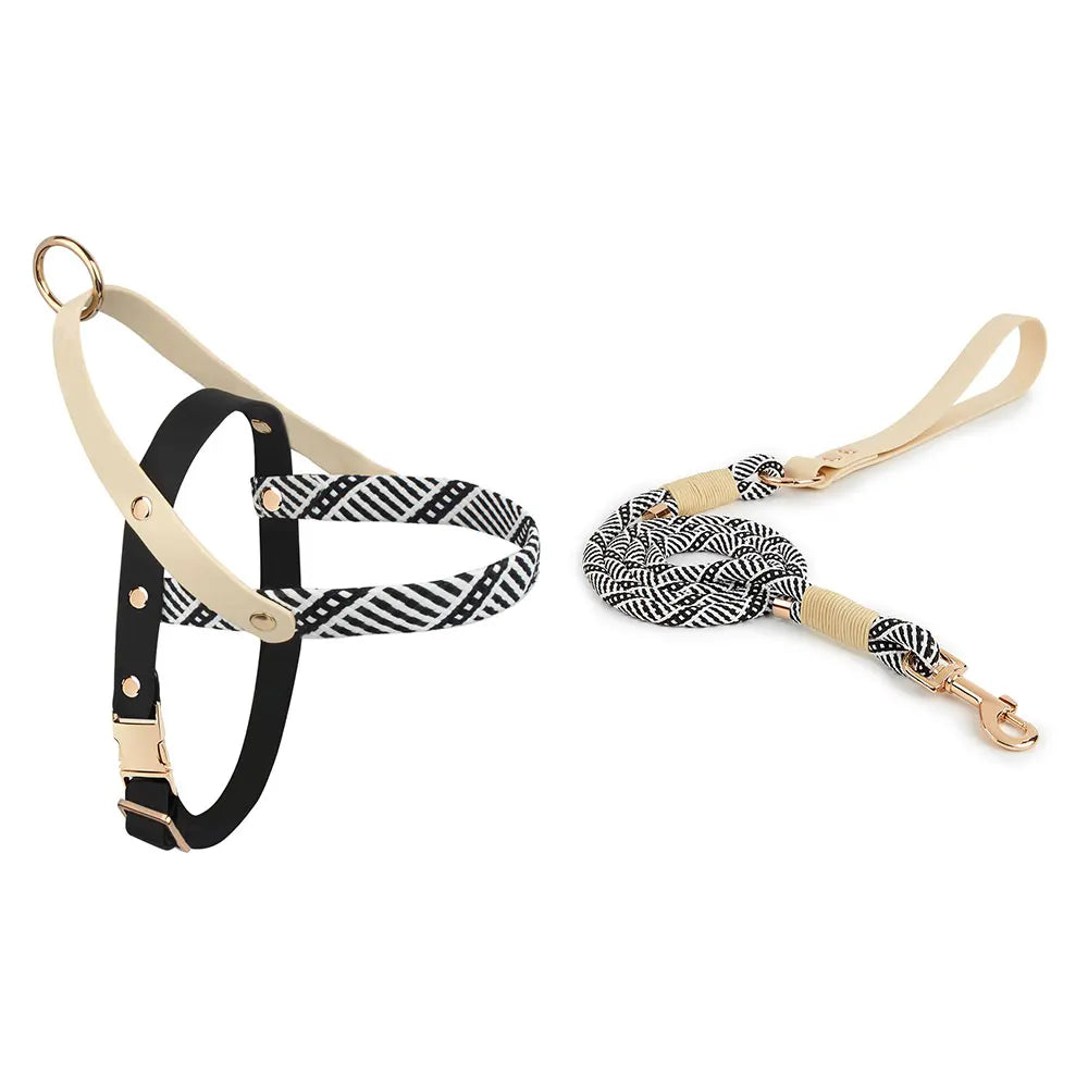Fashionable Black & White Striped Chest Harnesses and Leashes Set