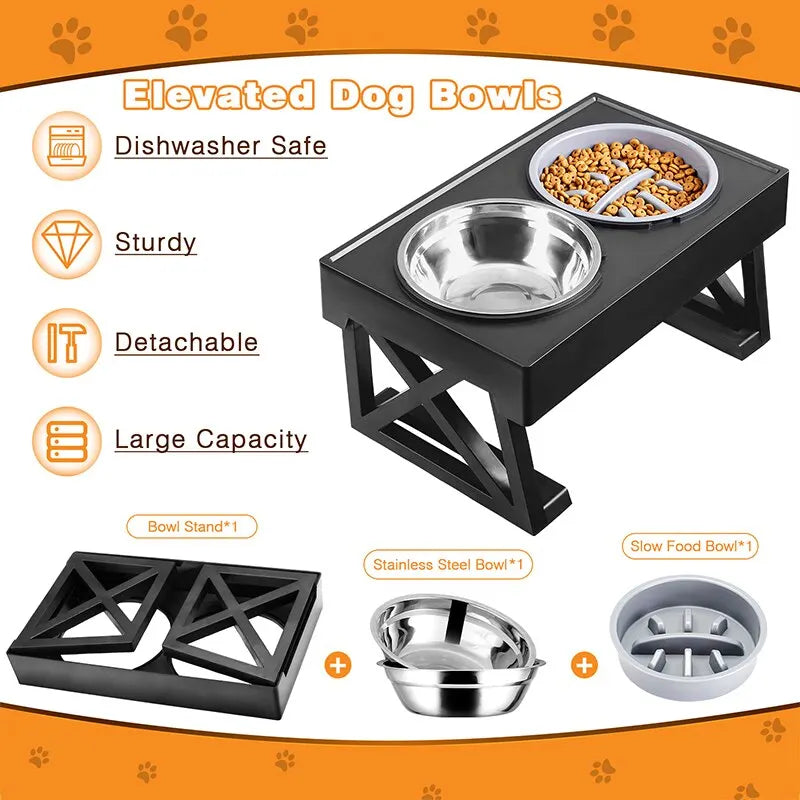 Adjustable Height Pet Slow Feeding Dish Bowl